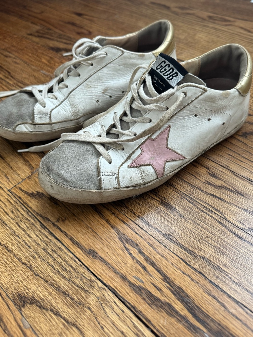 Golden Goose White Leather Sneakers with Pink Star and Gold Heel